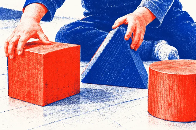 A two-colour risograph image of a child’s hands exploring large blocks.