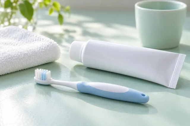 A clean infant toothbrush, plain closed toothpaste tube, cloth and cup.