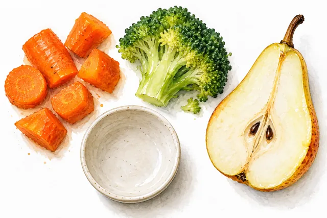 A watercolour ingredient study of vegetables, pear and a small bowl.