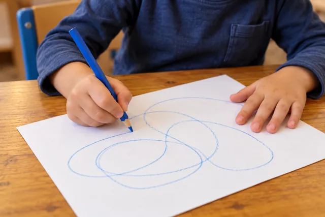 A school-age child drawing large looping shapes with a pencil.