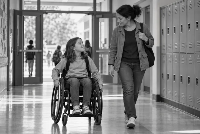 An imagined school-age wheelchair user and parent arriving in an accessible school corridor.