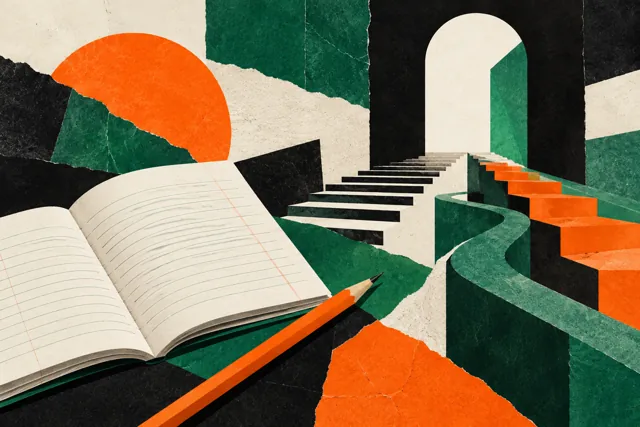 A graphic collage of an exercise book and different routes into a doorway.
