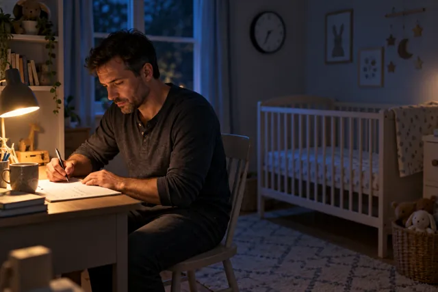 An imagined adult writing a care handover in a softly lit room.