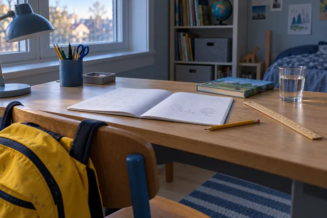 A school bag, exercise book, pencil and ruler on an ordinary homework desk.
